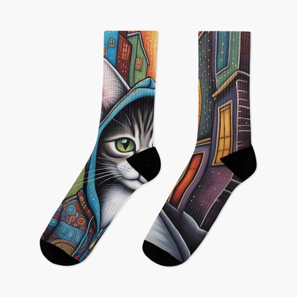 Item preview, Folk Art apprehensive Kitten wearing a hoodie in a big city back alley designed and sold by Colin Bentham.