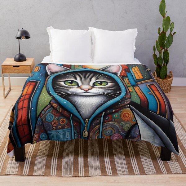 Item preview, Folk Art apprehensive Kitten wearing a hoodie in a big city back alley designed and sold by Colin Bentham.
