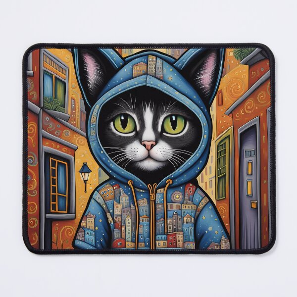 Item preview, Folk Art apprehensive Kitten wearing a hoodie in a big city back alley designed and sold by Colin Bentham.