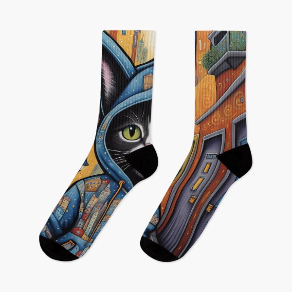 Item preview, Folk Art apprehensive Kitten wearing a hoodie in a big city back alley designed and sold by Colin Bentham.