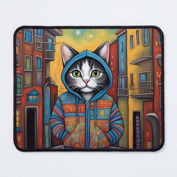 Item preview, Folk Art apprehensive Kitten wearing a hoodie in a big city back alley designed and sold by Colin Bentham.