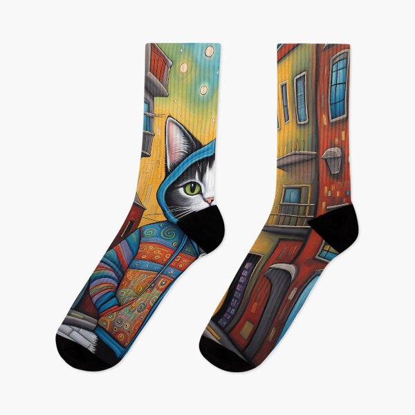 Item preview, Folk Art apprehensive Kitten wearing a hoodie in a big city back alley designed and sold by Colin Bentham.