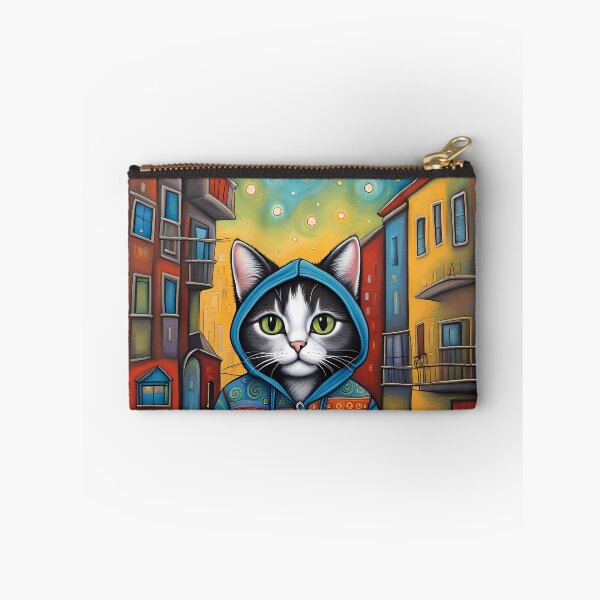 Item preview, Folk Art apprehensive Kitten wearing a hoodie in a big city back alley designed and sold by Colin Bentham.