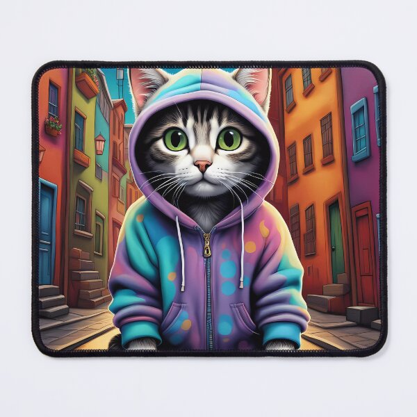 Item preview, Folk Art apprehensive Kitten wearing a hoodie in a big city back alley designed and sold by Colin Bentham.