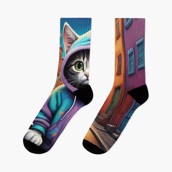 Item preview, Folk Art apprehensive Kitten wearing a hoodie in a big city back alley designed and sold by Colin Bentham.