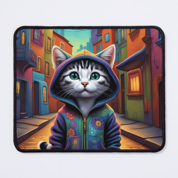 Item preview, Folk Art apprehensive Kitten wearing a hoodie in a big city back alley designed and sold by Colin Bentham.