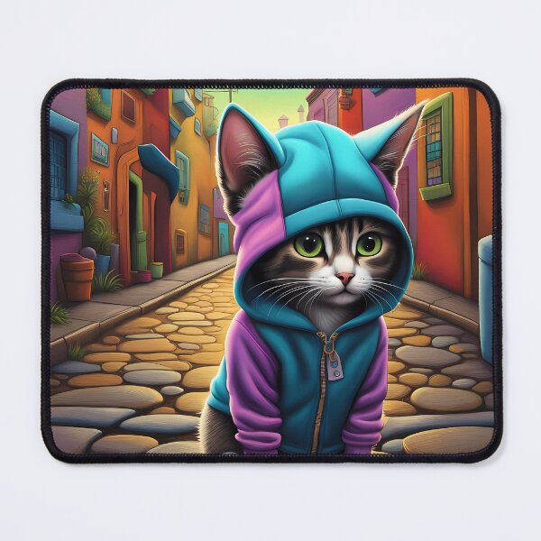 Item preview, Folk Art apprehensive Kitten wearing a hoodie in a big city back alley designed and sold by Colin Bentham.