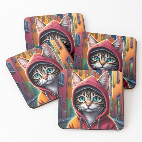 Item preview, Folk Art apprehensive Kitten wearing a hoodie in a big city back alley designed and sold by Colin Bentham.