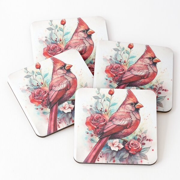 Item preview, Red Cardinal bird standing on tree branch in watercolor with florals, flowers and watercolour roses designed and sold by navitalidesign.