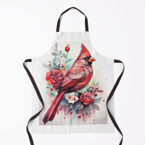 Item preview, Red Cardinal bird standing on tree branch in watercolor with florals, flowers and watercolour roses designed and sold by navitalidesign.
