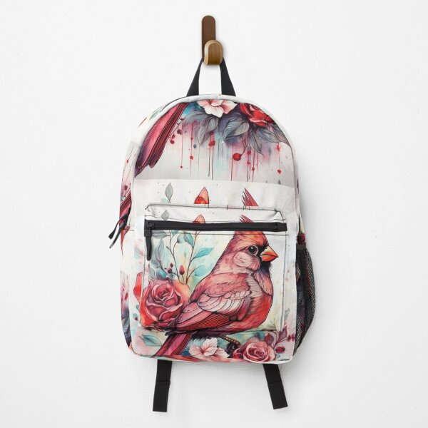 Item preview, Red Cardinal bird standing on tree branch in watercolor with florals, flowers and watercolour roses designed and sold by navitalidesign.