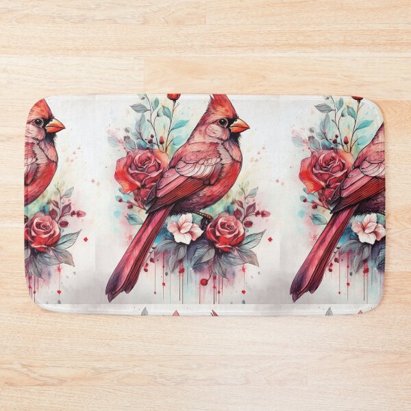 Item preview, Red Cardinal bird standing on tree branch in watercolor with florals, flowers and watercolour roses designed and sold by navitalidesign.