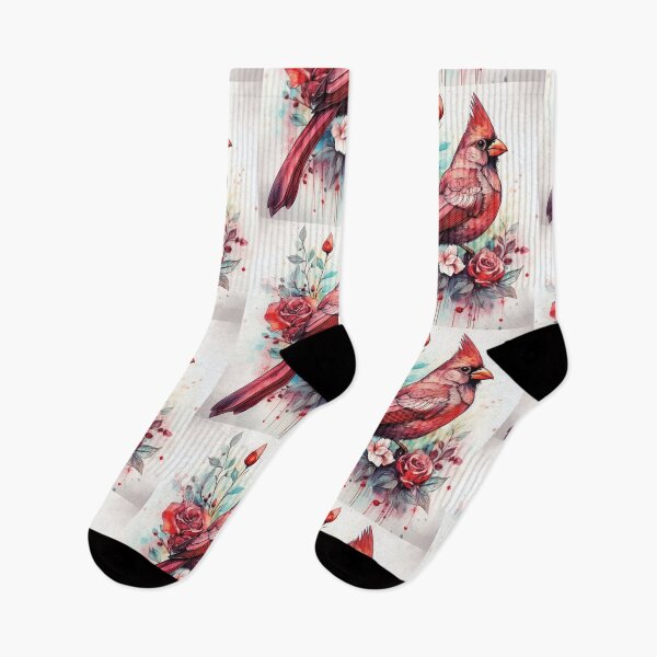 Item preview, Red Cardinal bird standing on tree branch in watercolor with florals, flowers and watercolour roses designed and sold by navitalidesign.