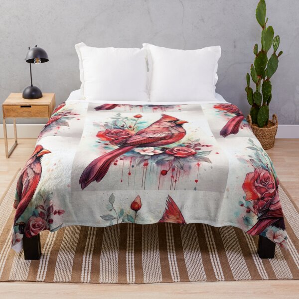 Item preview, Red Cardinal bird standing on tree branch in watercolor with florals, flowers and watercolour roses designed and sold by navitalidesign.