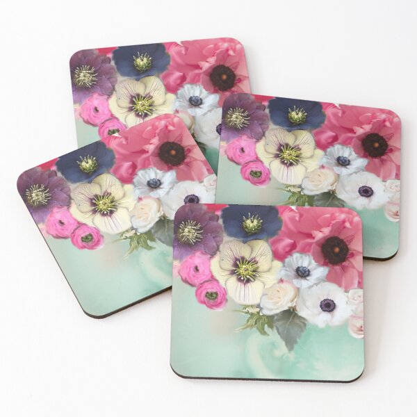 Item preview, WHITE PINK ROSES ,ANEMONE FLOWERS ,TEAL AQUA BLUE FLORAL designed and sold by BulganLumini.