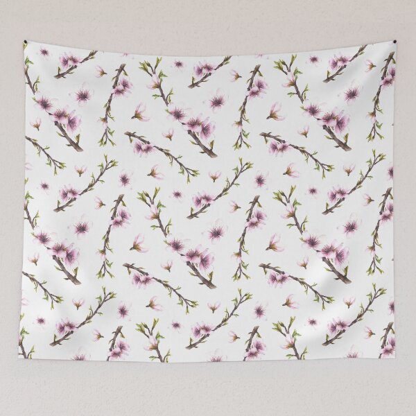 Item preview, Almond blossom tree branch with leaves buds and flowers. Watercolor pattern designed and sold by BartolArt.