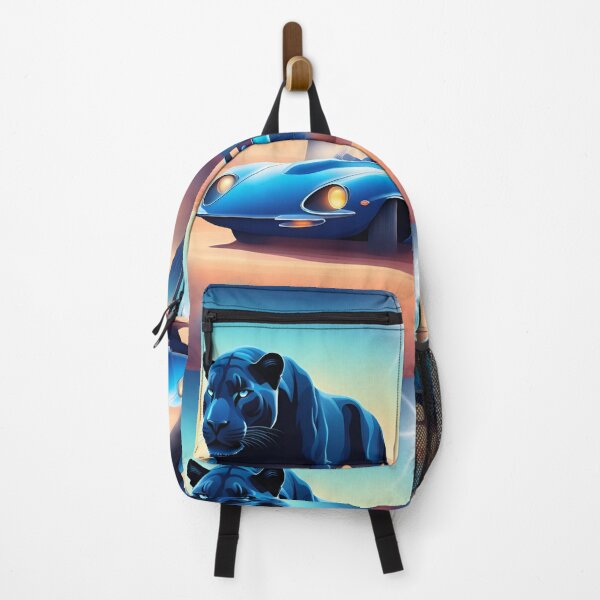 Item preview, black panther next to blue sports car in the desert designed and sold by Rainbow Paws Garden.