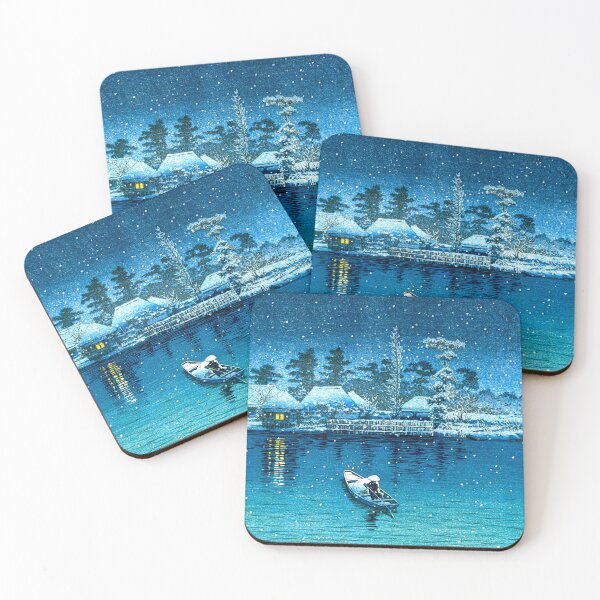 Item preview, Boat On The River On Snowy Winter Night Japan 1930 Kawase Hasui designed and sold by RocketshipRetro.