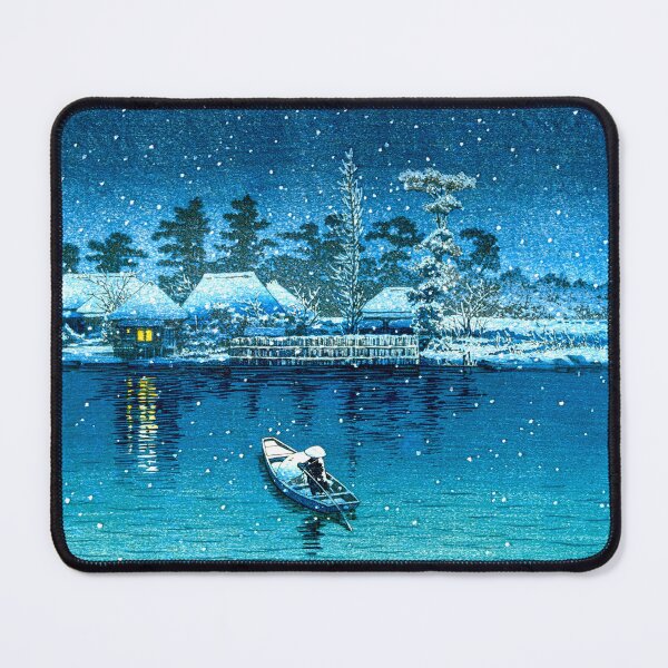 Item preview, Boat On The River On Snowy Winter Night Japan 1930 Kawase Hasui designed and sold by RocketshipRetro.
