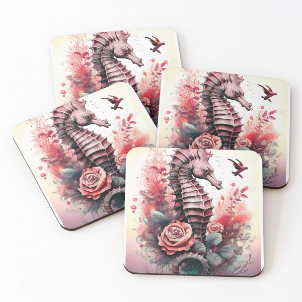 Item preview, Red seahorse in watercolor with florals, flowers and watercolour roses designed and sold by navitalidesign.