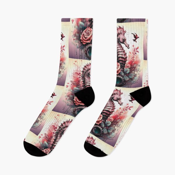 Item preview, Red seahorse in watercolor with florals, flowers and watercolour roses designed and sold by navitalidesign.