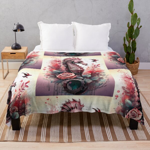 Item preview, Red seahorse in watercolor with florals, flowers and watercolour roses designed and sold by navitalidesign.