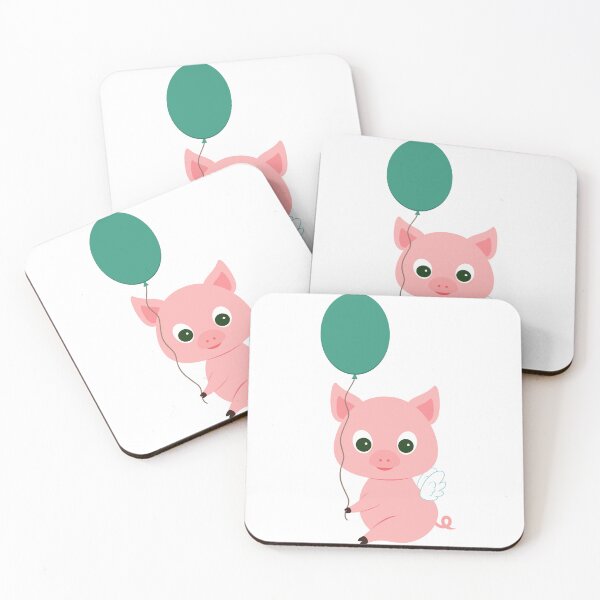 Item preview, cute pink pig with wigs holding a green balloon  designed and sold by Spirit and Style.
