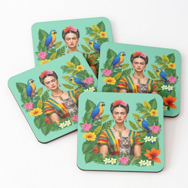 Item preview,  Frida Kahlo and Flowers Exotic parrots Cat ,Frida Kahlo designed and sold by TeeARTHY.