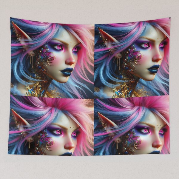 Item preview, Pink punk elf: portrait: tattoo, jewels, black lips, badass pointy ears designed and sold by EmeraldeaArt.