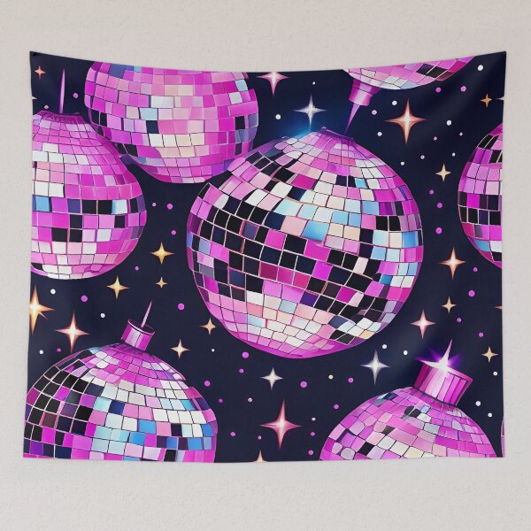 Item preview, Abstract Cosmic Hot Pink Disco Ball Pattern on Black Starry Background for Whimsical Decor designed and sold by kathrynchill.