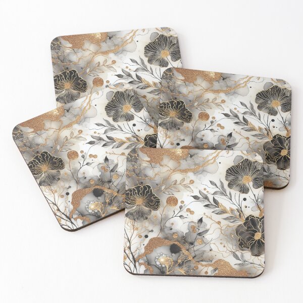 Item preview, MW Alcohol Ink Black Grey Gold - Flowers & Leaves 2.7 designed and sold by Mermaid's Whimsy.