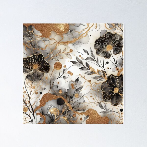 Item preview, MW Alcohol Ink Black Grey Gold - Flowers & Leaves 2.7 designed and sold by Mermaid's Whimsy.