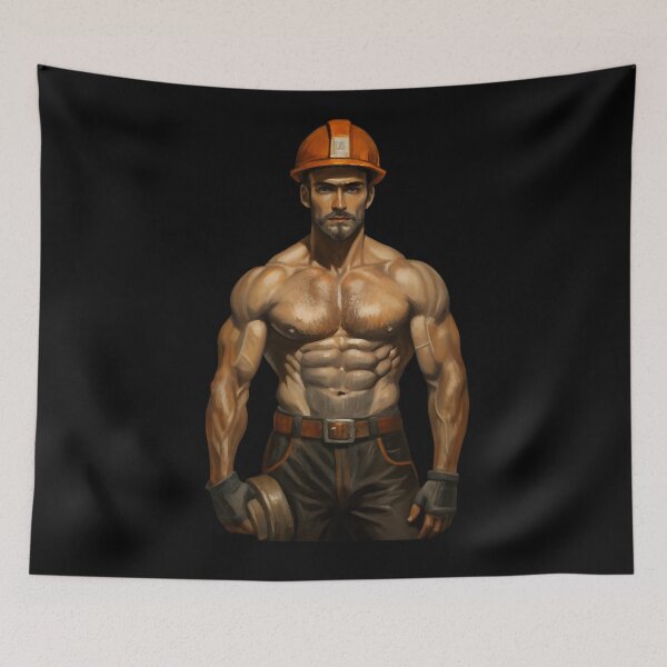 Item preview, Construction Worker Oil Painting Super Handsome Muscular Man designed and sold by bearslover.