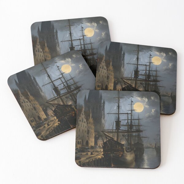 Item preview, Medieval Harbor Night Scene Gothic Buildings & Moonlit Water Hand-Painted designed and sold by PastCanvas.