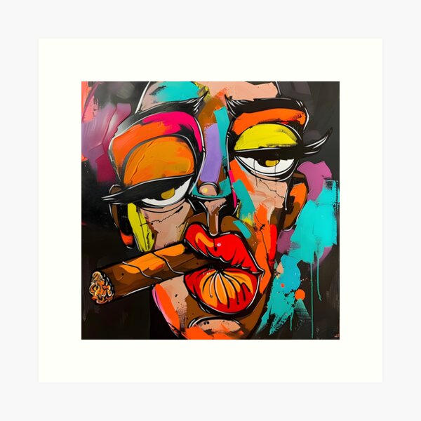 Aperçu de l'œuvre Sarcastique - Visage abstrait coloré avec lèvres proéminentes et cigare, couleurs contrastées audacieuses créée et vendue par OlfactoART Studio.
