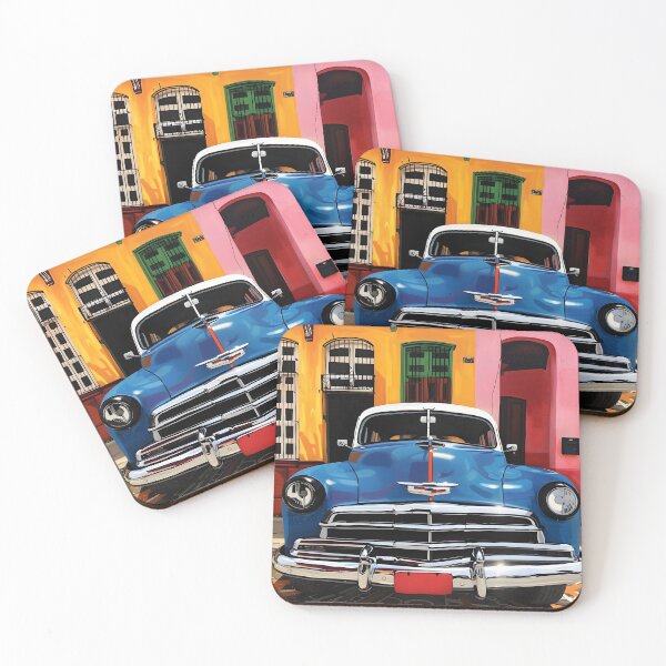 Item preview, Classic Blue Car Parked in Front of Colorful Havana Building - Vivid Yellow, Green, and Pink Section AI Abstract Art designed and sold by OlfactoART Studio.