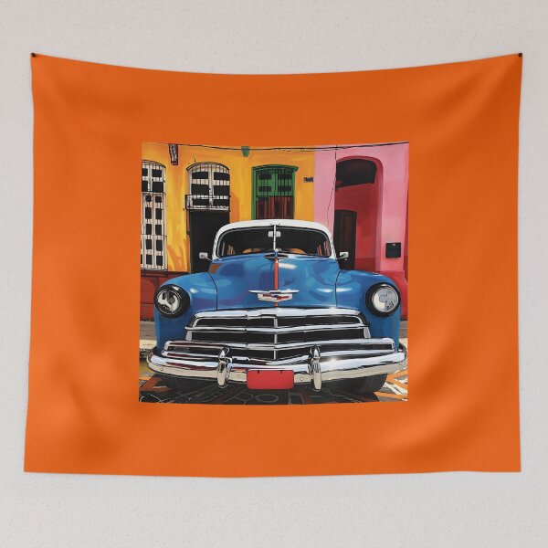 Item preview, Classic Blue Car Parked in Front of Colorful Havana Building - Vivid Yellow, Green, and Pink Section AI Abstract Art designed and sold by OlfactoART Studio.
