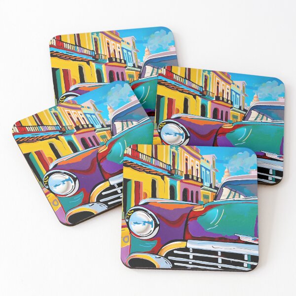Item preview, Vibrantly Colored Car in Front of Multicolored Buildings - Tropical Atmosphere and Vintage Charm designed and sold by OlfactoART Studio.