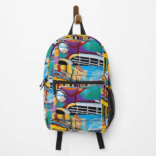 Item preview, Vibrantly Colored Car in Front of Multicolored Buildings - Tropical Atmosphere and Vintage Charm designed and sold by OlfactoART Studio.