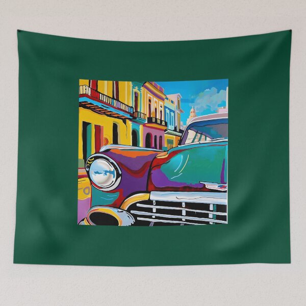 Item preview, Vibrantly Colored Car in Front of Multicolored Buildings - Tropical Atmosphere and Vintage Charm designed and sold by OlfactoART Studio.