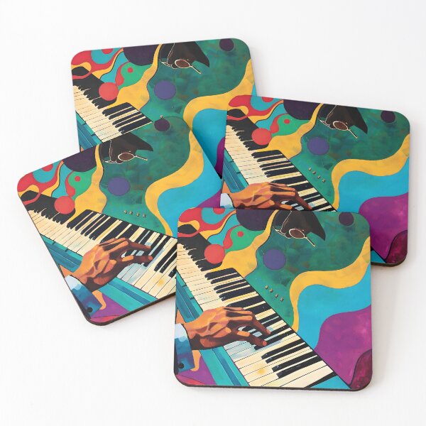 Item preview, Hand Playing Piano with Vibrant Abstract Background - Colorful Swirls, Shapes, and Floating Sunglass designed and sold by OlfactoART Studio.