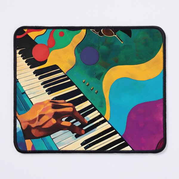 Item preview, Hand Playing Piano with Vibrant Abstract Background - Colorful Swirls, Shapes, and Floating Sunglass designed and sold by OlfactoART Studio.