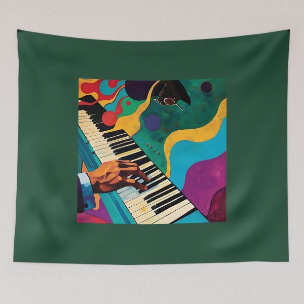 Item preview, Hand Playing Piano with Vibrant Abstract Background - Colorful Swirls, Shapes, and Floating Sunglass designed and sold by OlfactoART Studio.