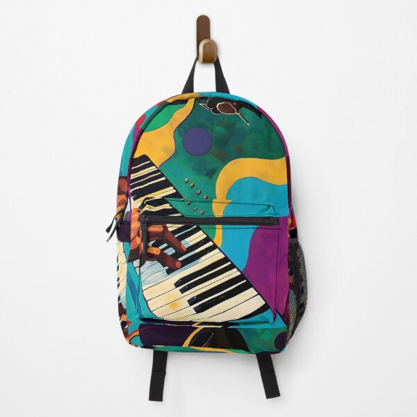 Item preview, Hand Playing Piano with Vibrant Abstract Background - Colorful Swirls, Shapes, and Floating Sunglass designed and sold by OlfactoART Studio.