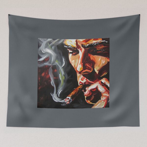 Item preview, Intense Close-Up of Cigar Aficionado with Lit Cigar - Swirling Smoke and Vivid Colors with Bold Brush Strokes designed and sold by OlfactoART Studio.
