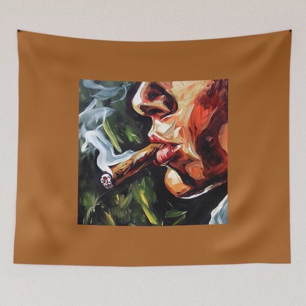Item preview, Close-Up Portrait of a Man Smoking Lit Cigar - Vivid Colors and Bold Brush Strokes Highlight Intensity of Smoke designed and sold by OlfactoART Studio.