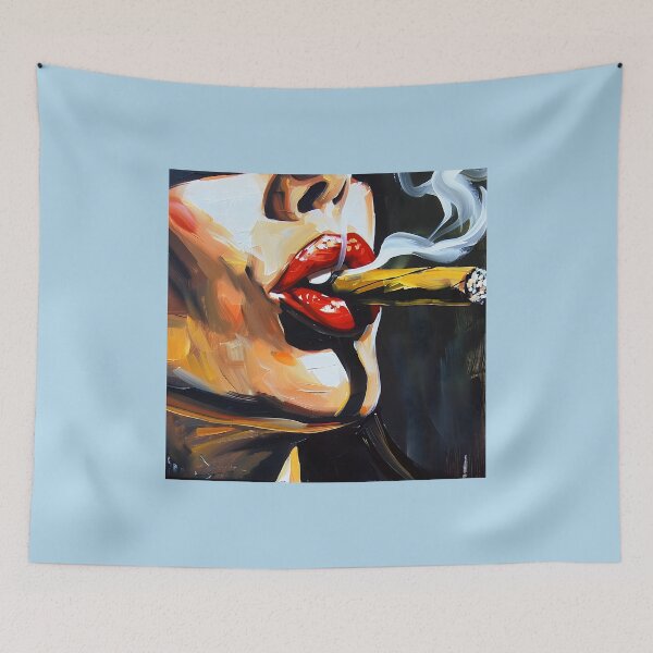 Item preview, Red Lips Gripping a Smoldering Cigar - Bold Brush Strokes and Vivid Colors with Curling Smoke designed and sold by OlfactoART Studio.
