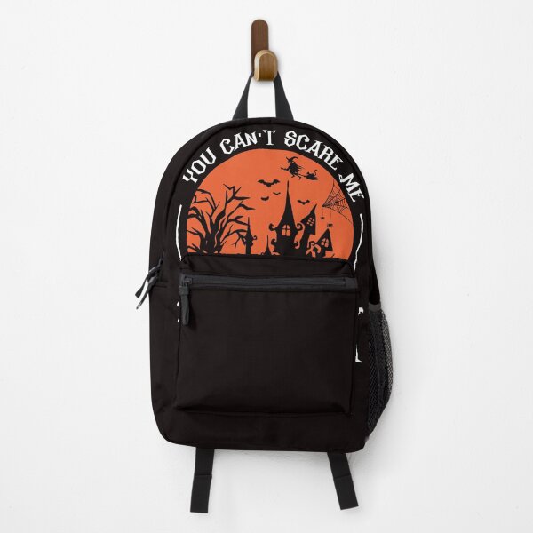 Item preview, A spooky Halloween-themed image with the text "You can't scare me, I'm a teacher" against a dark background with a haunted house , bats , and a witch silhouette designed and sold by kiloorartclub.