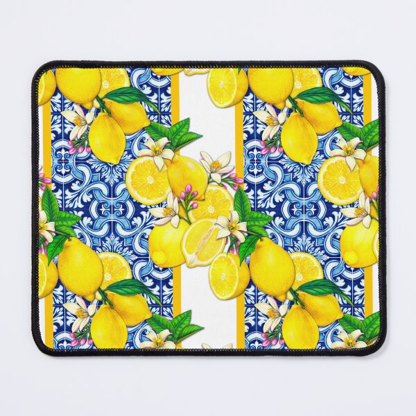 Item preview, Lemons on blue tiles designed and sold by MyAbstractInk.