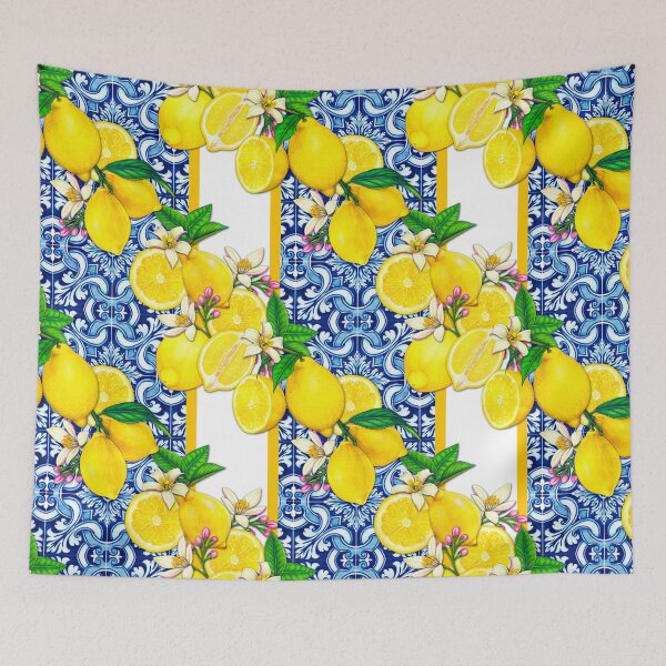 Item preview, Lemons on blue tiles designed and sold by MyAbstractInk.